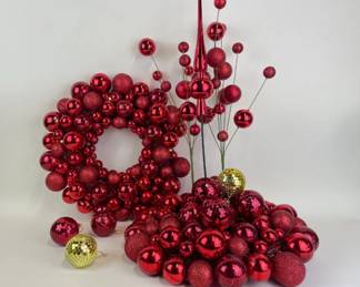 Red ball wreaths, ornaments, tree picks