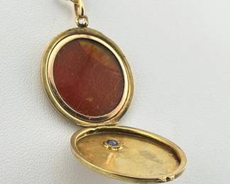 Antique Mourning jewelry, 14kt, sapphire locket on 18kt chain