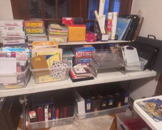 Paper, pens, folders, envelopes, paper clips, stick pins, rulers, 3 ring binders ... Office chairs, typewriter, 