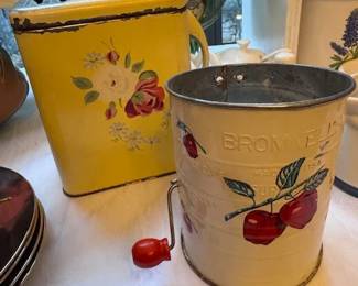 Bromwell flour Sifter and background Vintage Ransburg Tin