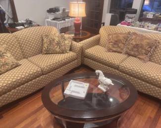 Cosy Comfy Couches - and throw pillows Glasstop wooden coffee table with white accents - Vintage large square mid- century modern ashtray