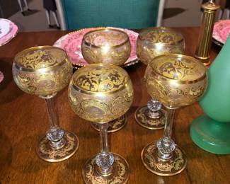 5 of set of 10 exquisite etched & gilt stems 