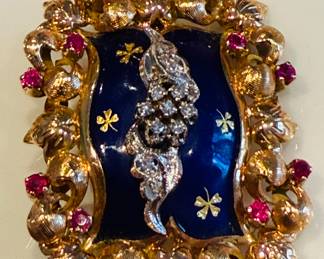 A fine substantial vintage estate 18k cobalt enamel diamond and ruby pin/pendant circa 1960s