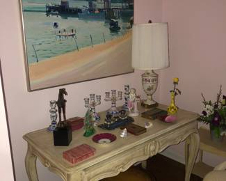 O’Sickey oil painting, ladies writing desk with chair