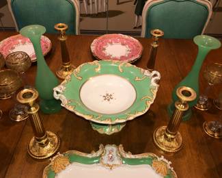 Green opaline glass, gilt candle sticks, fine European antique porcelains 