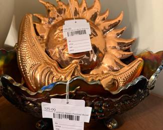 Fenton Carnival Glass Footed Bowl, Sun and Moon Metal Wall Art  