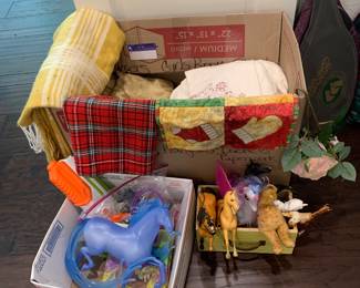 Miscellaneous toys, fabric, and tablecloths