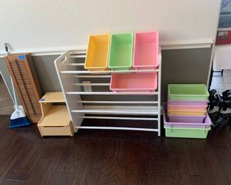 Storage bin that’s great for toys or miscellaneous items, step stool , and small set of shutters shown in photo