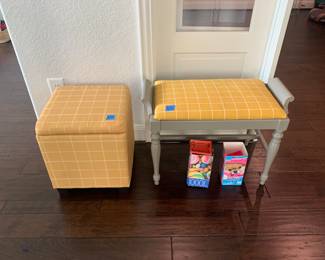 Upholstered bench seating, an upholstered storage cube and two puzzles shown in photo