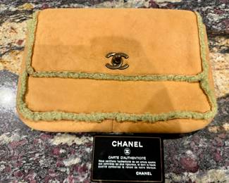 Chanel Brown Suede and Shearling CC Clutch Caramel.