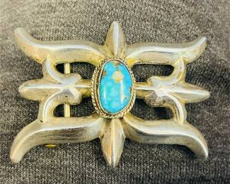 Navajo L. Begay Sterling Silver and Turquoise Sand Cast Belt Buckle.