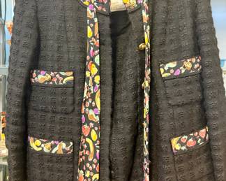 Chanel 1980s Black Tweed Fruit Print Silk Set.
