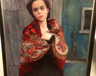 A large oil painting by Ukrainian artist Svetlana Tartakovska. Svetlana was born in Ukraine, but lives and works in the Netherlands. “She graduated at the Klassieke Academie voor Beeldende Kunst (Classical Academy for Visual Arts) in Groningen. She also studied at The Art Academy in Florence and attented workshops at Sam Drukker. Svetlana is a painter of people ‘pur sang’ with a psychological depth. Her paintings are society-inspired and are about the fragileness of the human being”.