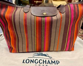 Longchamp, Striped Pattern Printed Canvas Tote Bag.