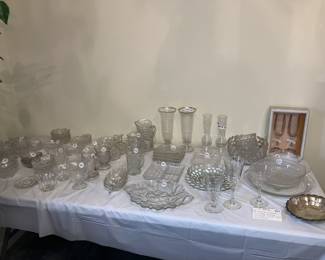 3 glasses on front right is sample of 26 piece set of Rock Sharpe Normandy Cut Glass with Star of David pattern base, already boxed and ready for pick up.