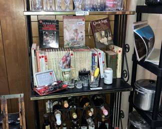 Baker's rack, cookbooks and barware