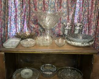 Top center features a gorgeous EAPG punch bowl on a base with matching punch cups, great condition.  Buffet server cabinet also available.