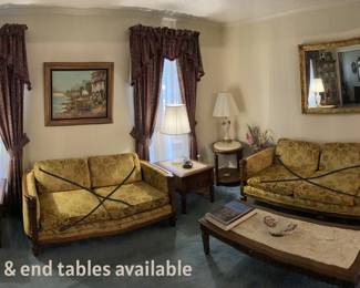 This shows the coffee & end tables, and oval table in corner available.  Lamps also available. Sofa, love seat, and curio have been sold. 