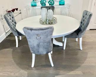 64” Round Pedestal Table w/(4) Button Tufted Side Chairs 