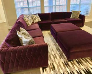 Custom Velvet Sectional Sofa + Double Ottomans