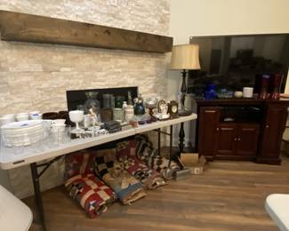 Milk glass, TV and stand