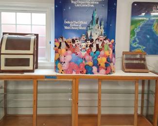 Display cases and Disney advertisement with lights