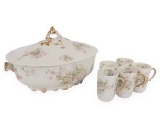 A Haviland Limoges Schleiger 29 Pink Floral Tureen and a Group of Theodore Haviland Limoges Mugs