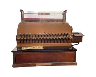 Antique National Cash Register (NCR) with Copper-Tone Housing and Wooden Base