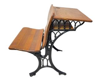 Antique Combination School Desk and Seat Unit, Cast Iron and Hardwood, Marked Chicago New York