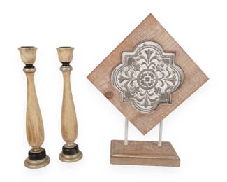 A Pair of Contemporary Farmhouse Style Turned Wood Candlesticks and a Decorative Metal and Wood Plaque on Stand