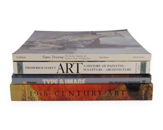 A Collection of Five Hardcover Books on Art History, Figure Drawing, and Graphic Design, including Frederick Hartt's 'ART: A History of Painting, Sculpture, Architecture'