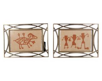 A Pair of Dhokra-Style Framed Artworks with Anthropomorphic and Animal Motifs