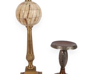 Two Decorative Objects: A Brass and Inlaid Bone Pedestal Globe and a Bimetallic Stand