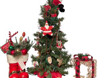 A Trio of Holiday Decorative Items featuring Ashland Santa Boots and Decorated Christmas Tree