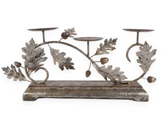 A Contemporary Metal Three-Candle Candelabra with Oak Leaf and Acorn Motif