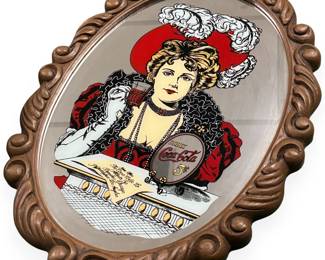 Vintage Oval Drink Coca-Cola 5 Cents Advertising Mirror, Plastic Faux Wood Frame