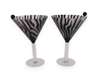 A Pair of Vintage Hand-Painted Black and White Zebra Martini Glasses