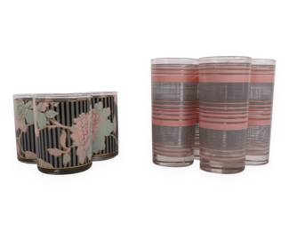 A Group of Mid-Century Modern Pink, Grey, and Black Striped Glass Tumblers, Comprising Two Distinct Sets