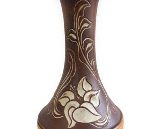 Vintage Pottery Craft Stoneware Vase with Incised Lily Motif