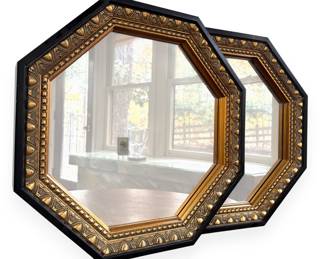 A Pair of Vintage Octagonal Wall Mirrors, Black and Giltwood, Hollywood Regency Style