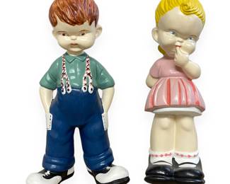 A Pair of Vintage Hand-Painted Chalkware or Ceramic Boy and Girl Figurines