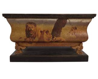 An Italian Grand Tour Style Painted and Decoupage Wood Jardiniere, 19th Century, depicting a pride of lions