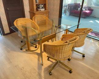 A Four-Person Mid-Century Modern Style Brass-Tone, Wood and Wicker Dining Set