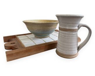 Three Studio Pottery Items and a Wooden Trivet