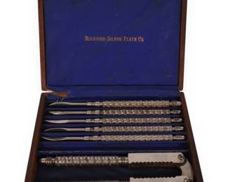 A Set of Eight HMQ Silver-Plated Nutcrackers and Picks, retailed by Rockford Silver Plate Co., in a Fitted Wooden Box
