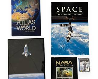 A Collection of Five Items: National Geographic Atlas, Three Space Books and Ephemera.