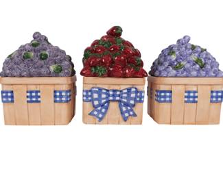 Three CIC Peggy Jo Ackley 'Basket of Fruit' Ceramic Canisters