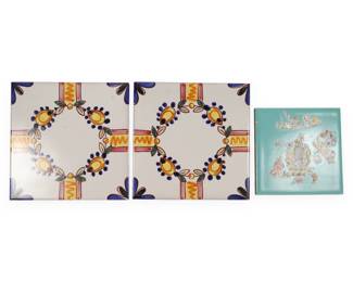 Three Glazed Ceramic Tiles, including Two Talavera-Style and One Whimsical Tile