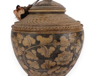 A Southeast Asian Carved and Painted Wood Lidded Vessel with Tassels