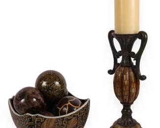 A Creative Scents Dublin Brown Home Decor Tray and Orbs Set and Complementary Candlestick